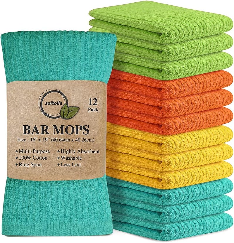 Softolle Bar Mop Towels, Pack of 12-16x19 Inches - 100% Cotton Super Absorbent Towels, Multi-Purpose for Home and Bar Cleaning (Yellow, Orange, Light Green, Aqua) - Image 1